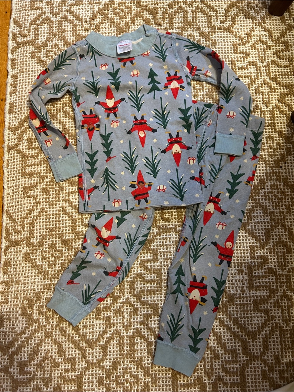 Hanna Andersson Holiday Light Blue Pajama Set with Santa/Elf Print.